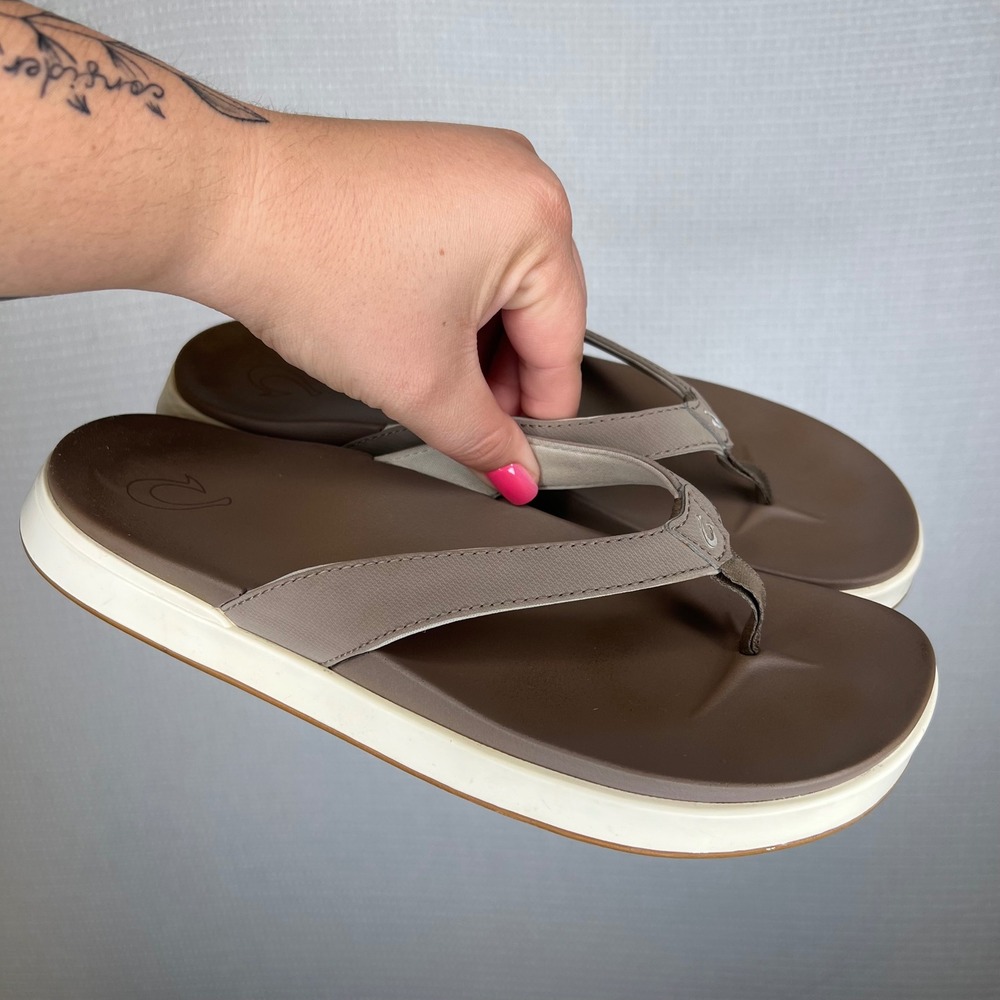 OluKai Nua Pio Womens Banyan Tapa Brown Platform Flip Flop Sandals 20445 Size 10
